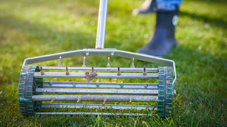 Person using lawn aerator