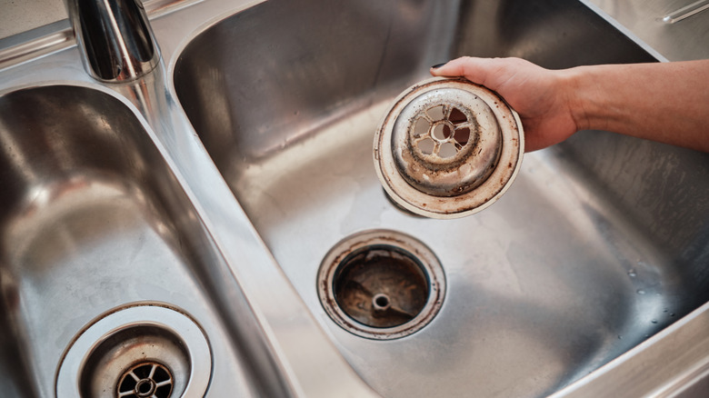 Someone examining their dirty sink