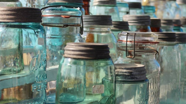 antique mason jars on shelves
