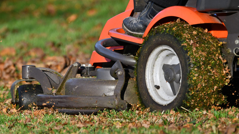 A close-up shot of a riding lawn mower