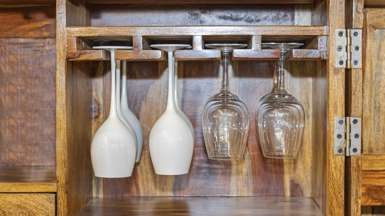 Wine glasses on a stemware rack