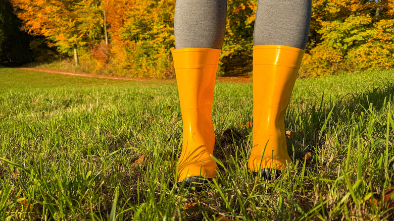 person in yellow rain boots standing on grass with golden autumn trees in background