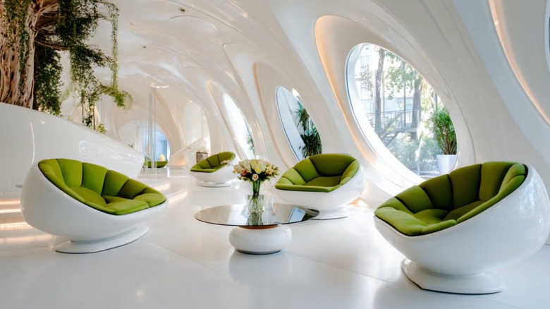 A futuristic style room with round windows and furnished with Phillipe Starck pieces that have lots of curves