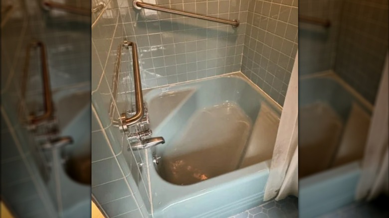 A blue Cinderella bathtub in a small space