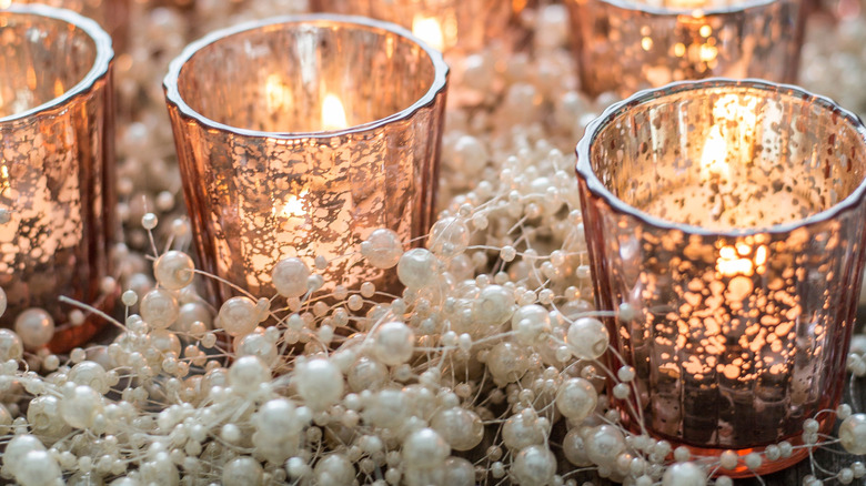 mercury glass candle holders with stringed beads around