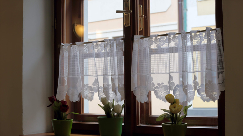 Window with white lace cafe curtains