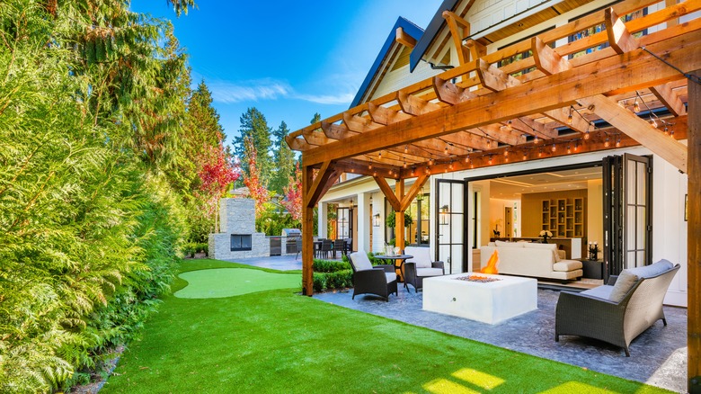 Backyard with wooden pergola