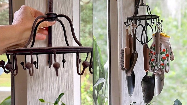Split image of an empty metal, rotating tie rack being positioned on a wall, and the same tie rack with gardening tools hanging from it