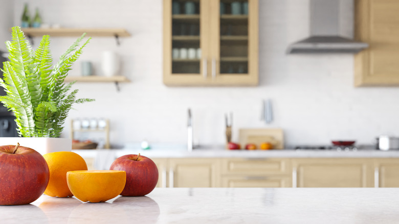 a kitchen in the background with a plant and fruit on a counter in the foreground