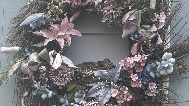 Small brown birds nest inside the bottom of a colorful floral wreath