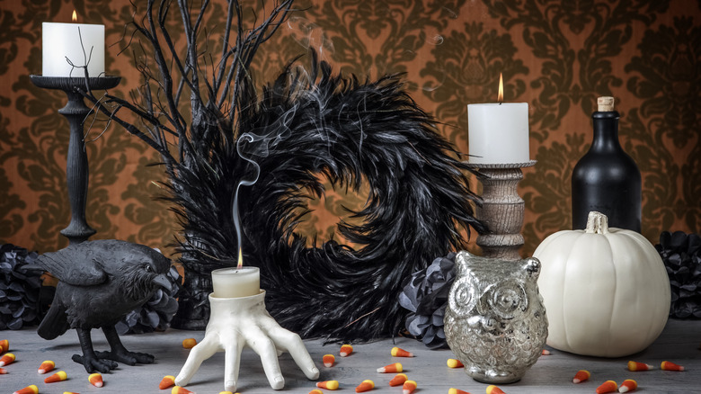 A monochrome Halloween vignette for a tabletop or mantle.