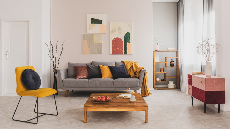 living room with yellow and gray