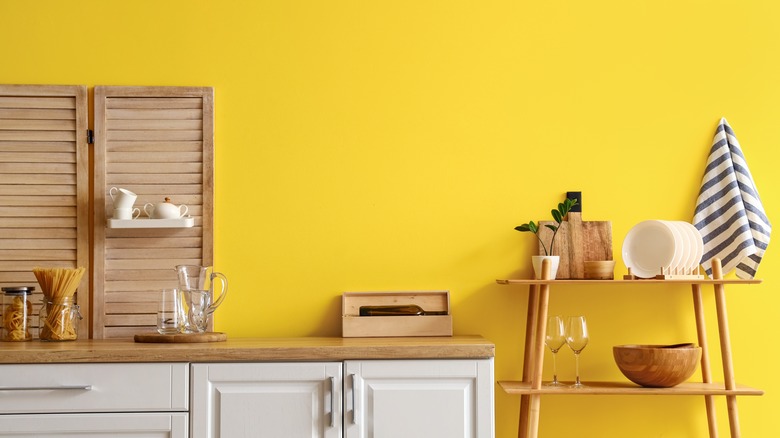 kitchen with bright yellow wall