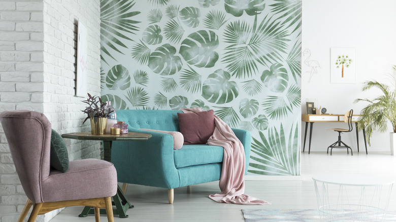 Living room with botanical wallpaper