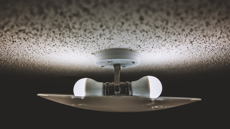 two-bulb ceiling light illuminating popcorn ceiling patch surrounded by shadow