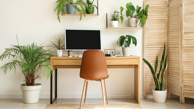 A home office with a wooden desk surrounded by houseplants of varying shapes and sizes