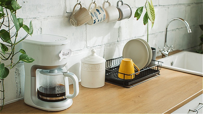 Coffee pot sits on counter