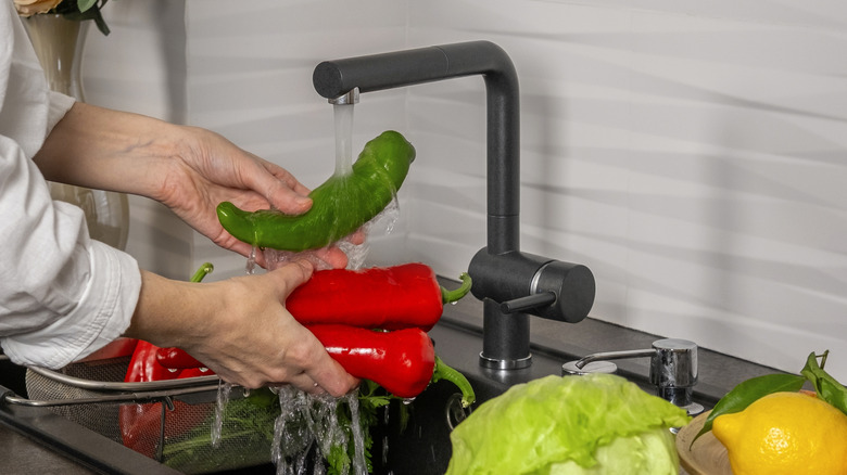 A person washes vegetables at their kitchen sink.