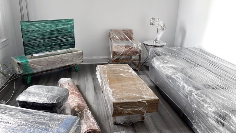 furniture wrapped in plastic wrap