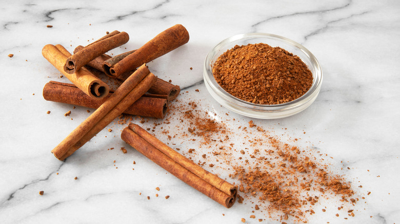 Cinnamon sticks and ground cinnamon laying on a white and gray countertop.