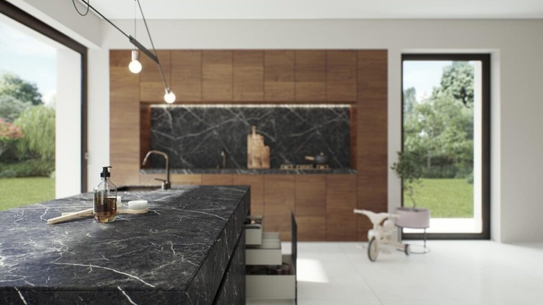 A dark stone kitchen countertop