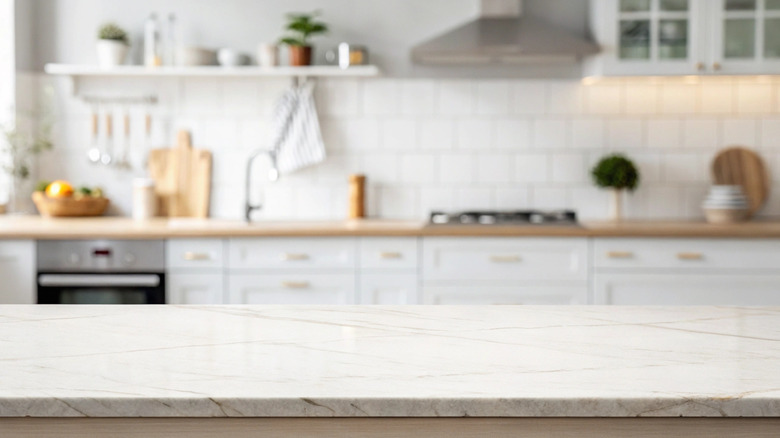 A shiny, marble-style kitchen countertop