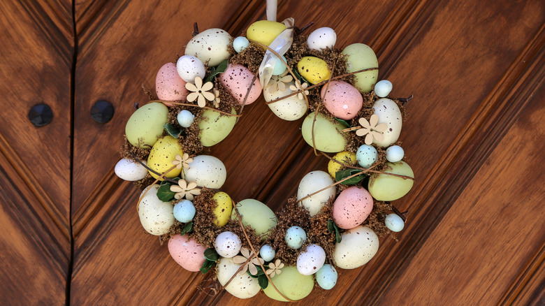 An Easter wreath on a wooden door