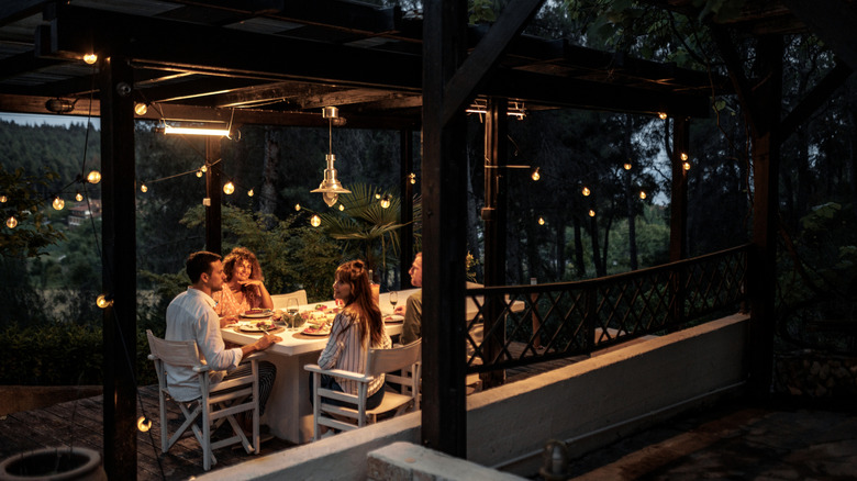 Group of people dining outdoors in yard