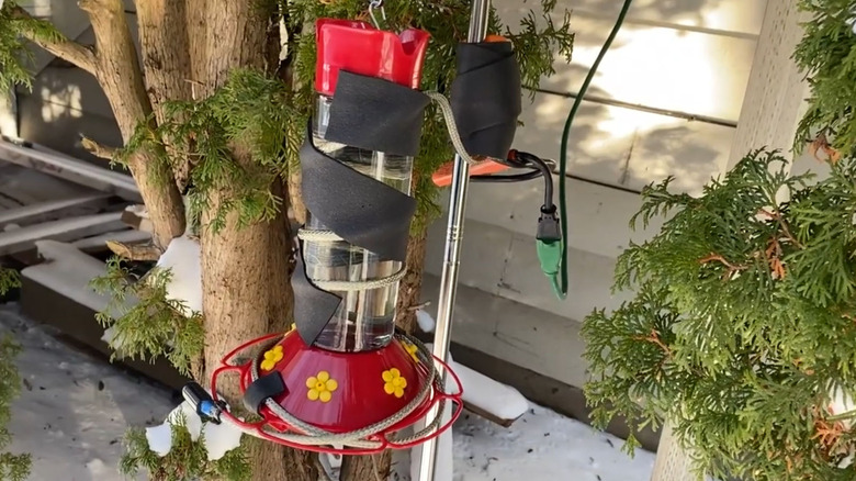A hummingbird feeder covered in heat tape and cables
