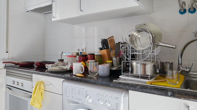 Cluttered kitchen countertops