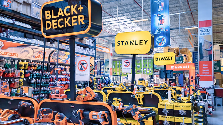 An in-store display of power tools from several Stanley Black & Decker brands