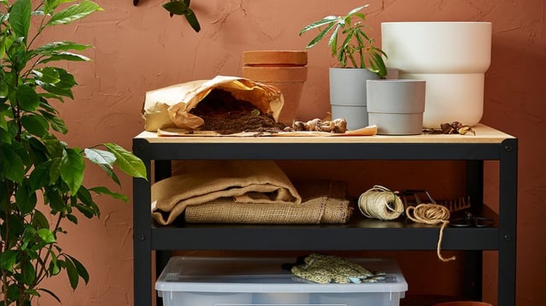 A black metal IKEA BROR utility cart with a light wooden top storing gardening supplies
