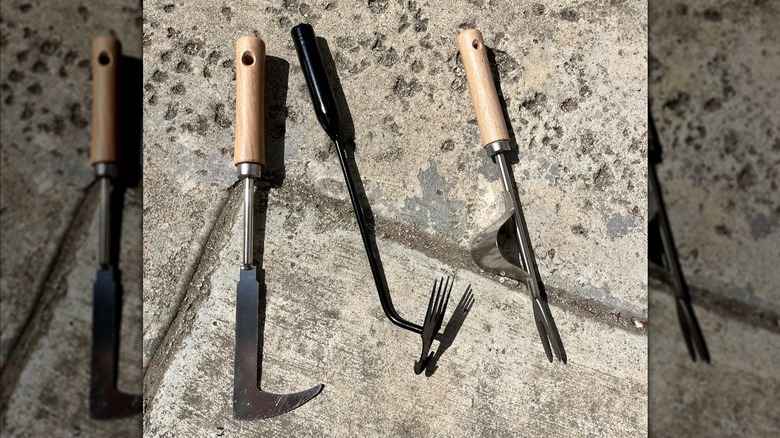 Theuzi 3-pack weed puller set lying on top of worn pavement