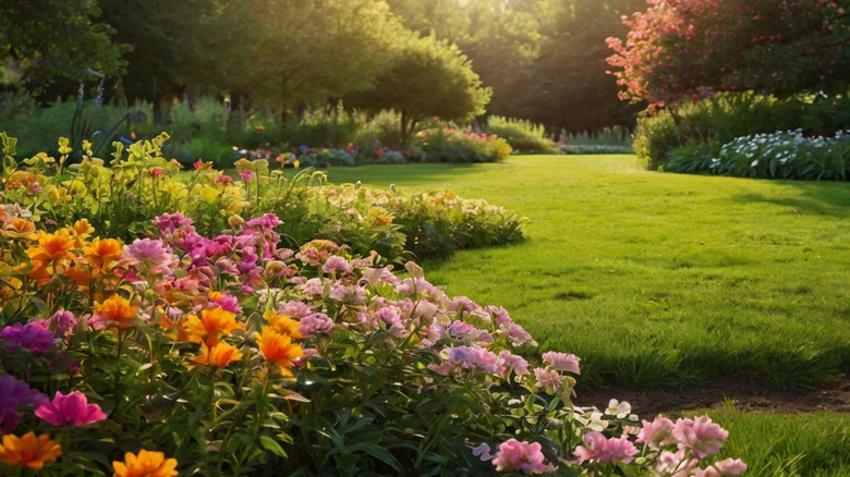a landscape with many different types and colors of flowers