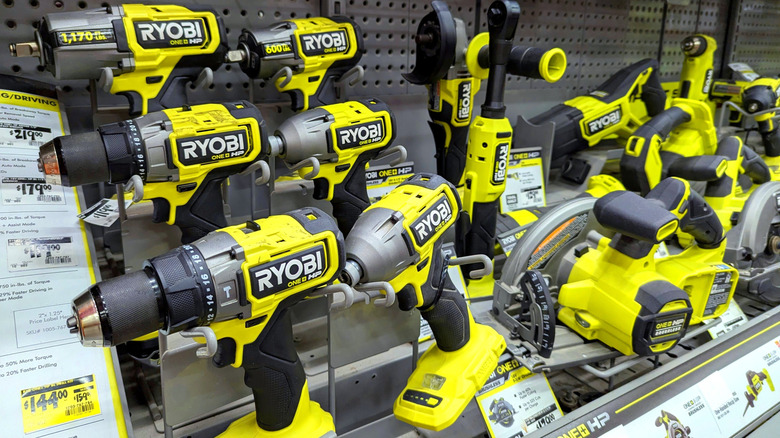 Ryobi tools on a store shelf