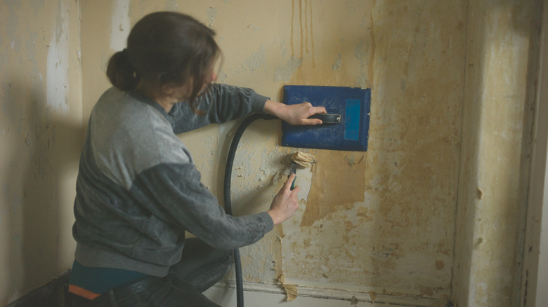 woman using wallpaper steamer
