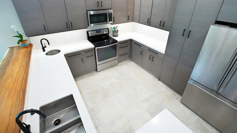 A minimalist, modern kitchen with a triangle appliance layout