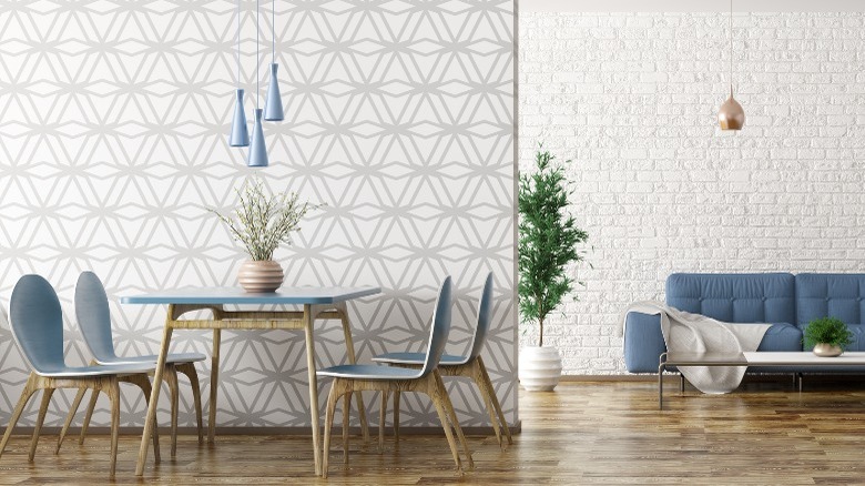 Modern dining room with wallpaper