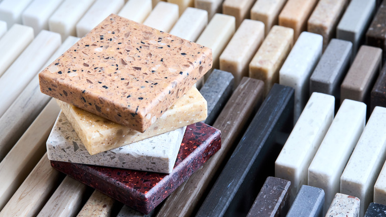 Porcelain countertop samples in a range of colors