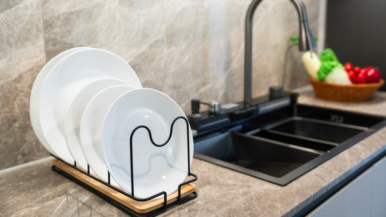 A marble countertop near a sink