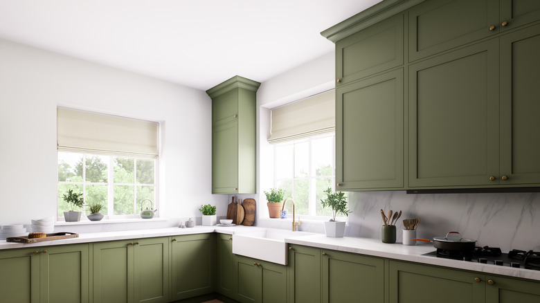 Green cabinetry in a modern kitchen with windows