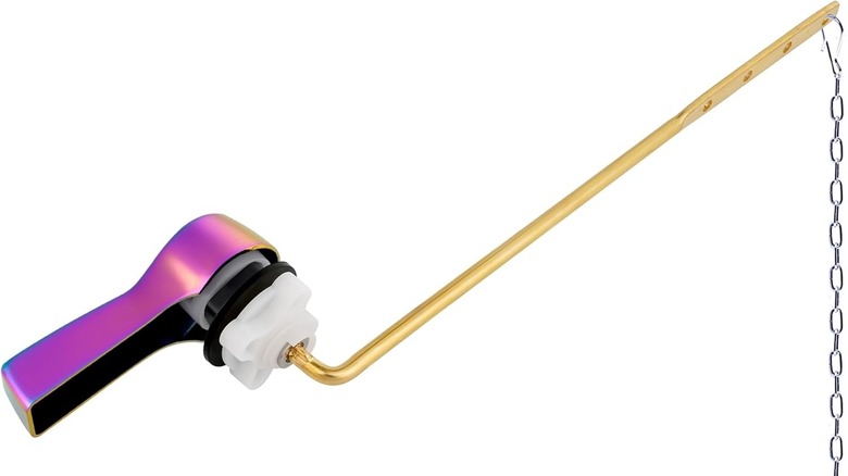 A purple Hibbent toilet flush is shown in a detail shot