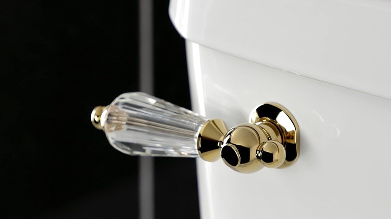 A toilet flush handle made of brass and crystal is installed on a white toilet