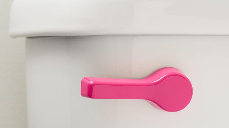 A pink toilet flush handle is installed on a white tank
