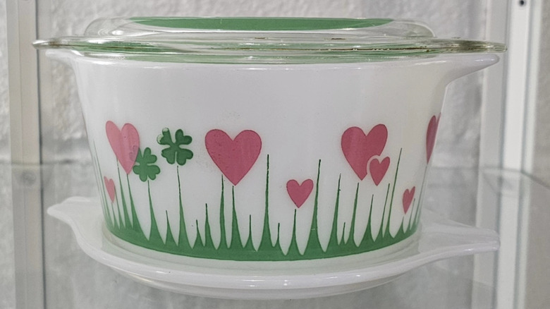 Lucky in Love Pyrex Casserole decorated with clovers and hearts