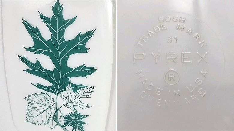 Split image of a Green Oak Leaf 505B loaf pan from Pyrex and the maker's mark