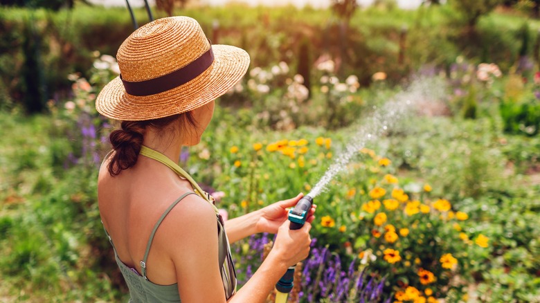 A woman watering flowers in her garden