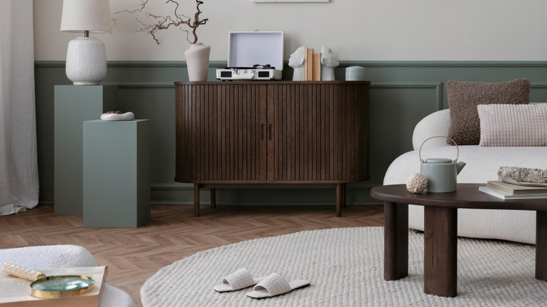 Sideboard in living room with turntable on top