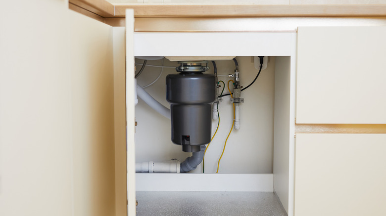 Under-sink view of a kitchen garbage disposal inside a cabinet