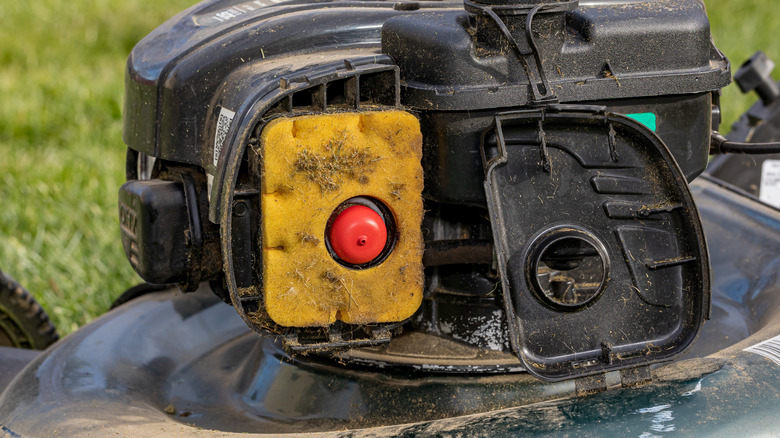 Dirty air filter on a lawn mower